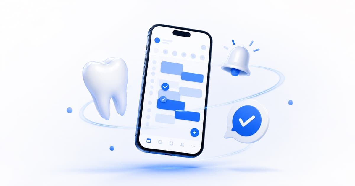 Ilustración de la gestión de una clínica dental desde el celular: agenda, avisos y ficha del paciente en el teléfono