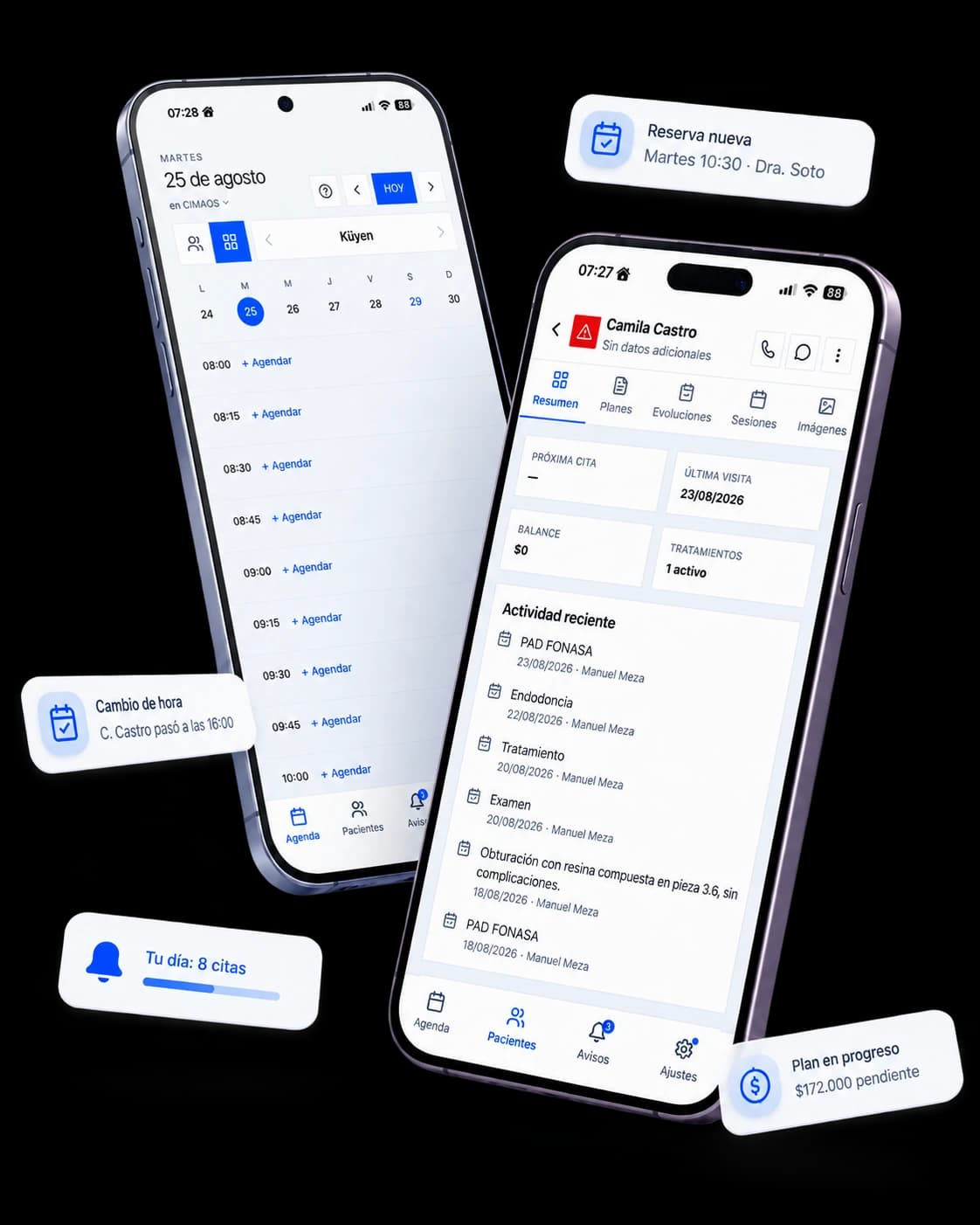 App móvil de CIMAOS: agenda del día, ficha del paciente y avisos de reservas