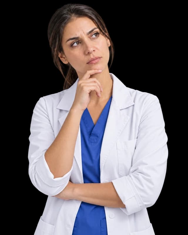 Profesional de la salud pensativa con la mano en el mentón