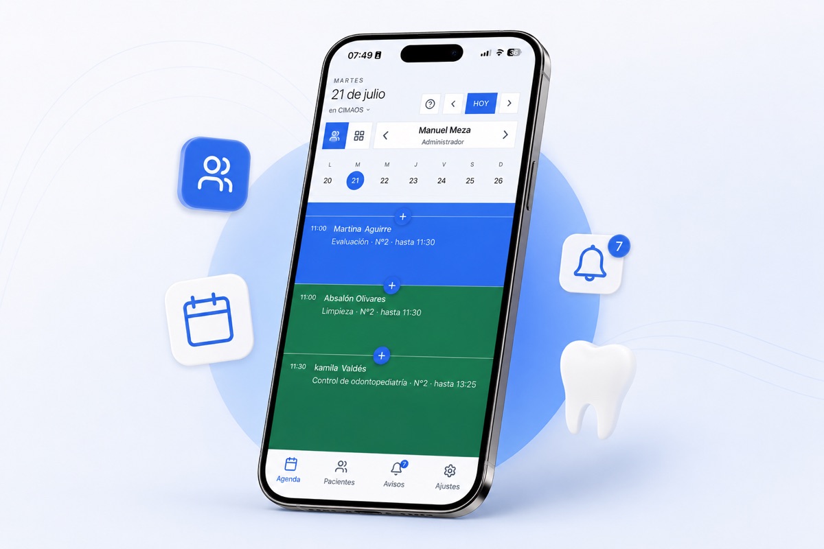 La agenda del día de una clínica dental en la app móvil de CIMAOS, con las citas del profesional y el detalle de cada tratamiento