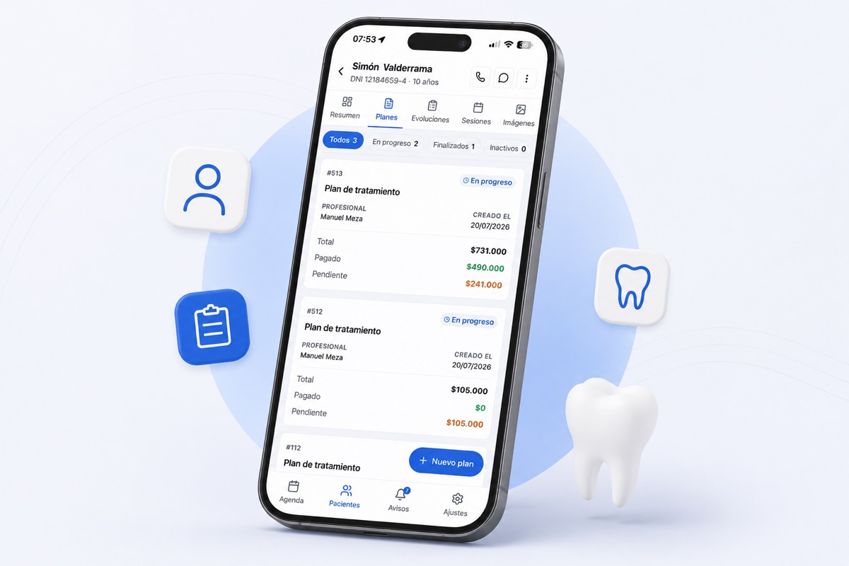 La ficha del paciente en la app móvil de CIMAOS, con las pestañas de resumen, planes de tratamiento, evoluciones, sesiones e imágenes