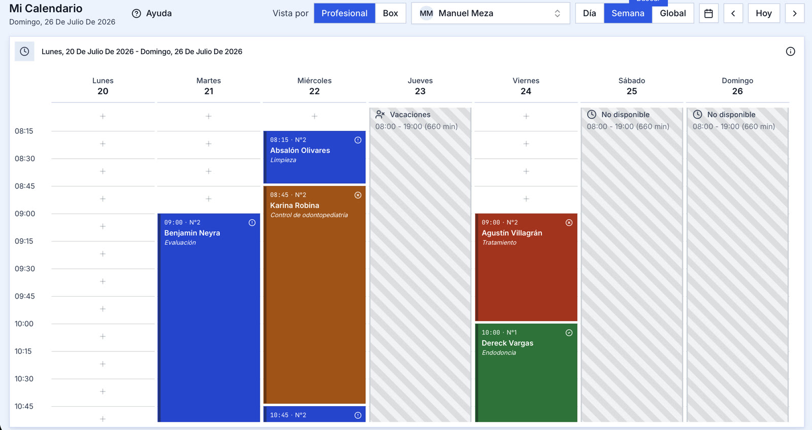 Vista semanal del calendario de CIMAOS con la vista Semana y el profesional activos marcados en azul, citas de distinto tipo de sesión con su ícono de estado y los días bloqueados en gris rayado